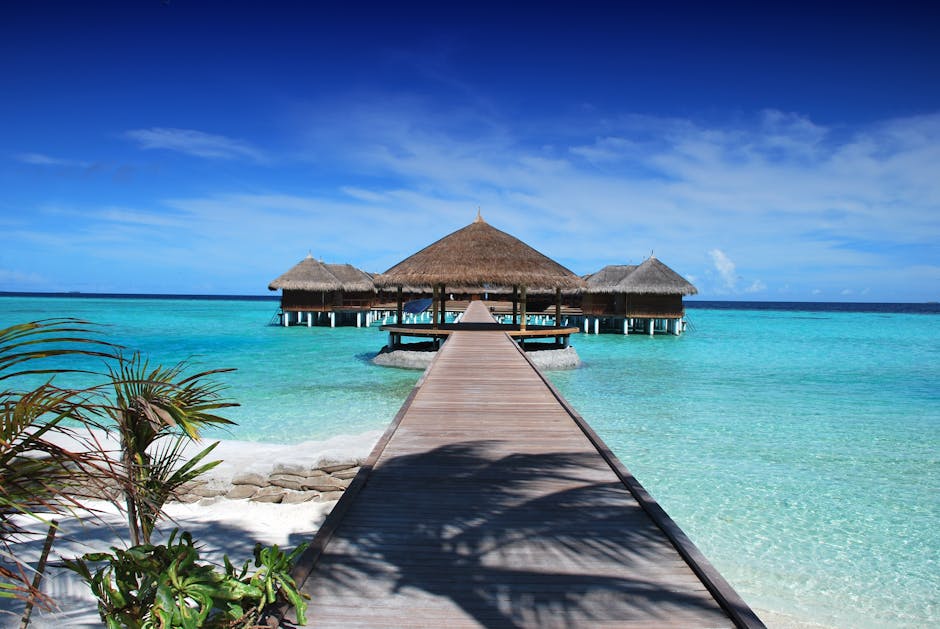 Scenic view of a wooden boardwalk leading to serene overwater bungalows at an island resort